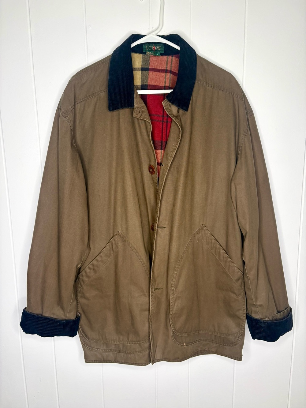 Vintage J. Crew Jacket Mens L Olive Barn Coat Corduroy Collar Oarsman Chore 90s